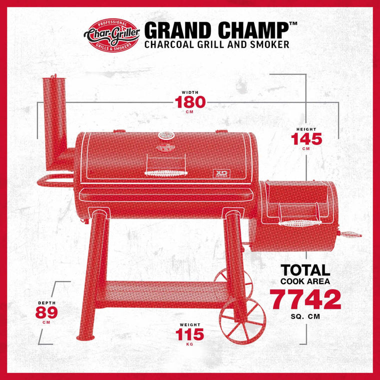 Offset Smoker | Char-Griller Grand Champ | showing physical dimensions
