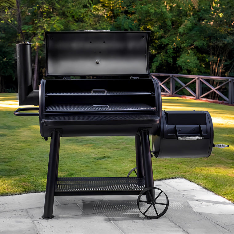 Offset Smoker | Char-Griller Grand Champ full view of Offset Smoker in backyard